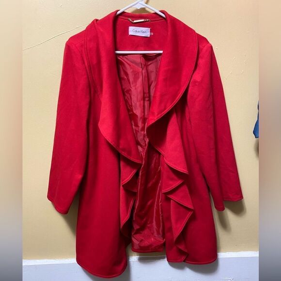 Calvin Klein Jacket Womens 14 Red Draped Ruffle Open Front Business Casual - Picture 1 of 1